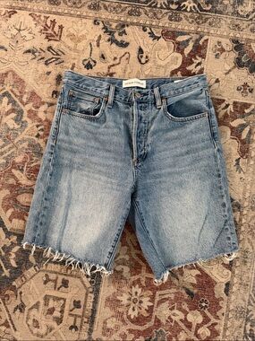 ARITZIA Denim Forum Light Blue Raw Hem Long Denim Shorts